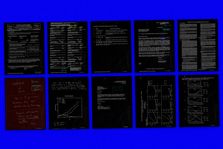 Image of #NobelNFT, 8 black images with handwriting and drawings on a vibrant blue background